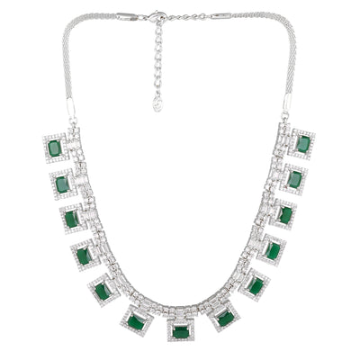 Estele Rhodium Plated CZ Geometric Designer Necklace Set with Emerald Crystals for Women