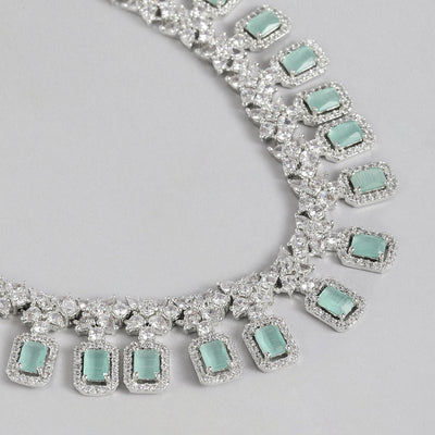 Estele Rhodium Plated CZ Gorgeous Necklace Set with Mint Green Stones for Women