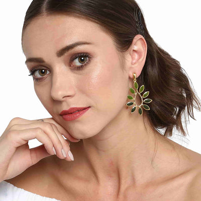 Estele Gold Plated Dangling Leaf Designer Earrings with Green Enamel for Women
