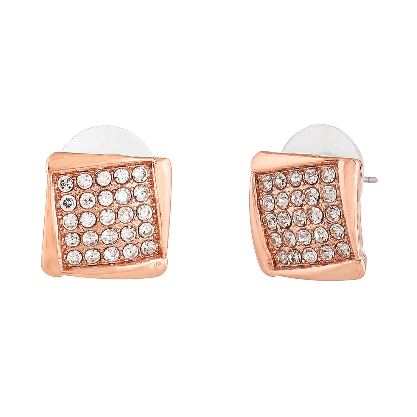 Estele Rose Gold Plated Square Shaped Stud Earrings With White Austrian Crystals for Women