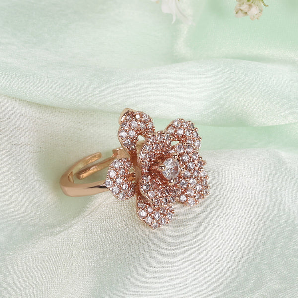 Estele Rose Collection Premium Rose Motif Adjustable Finger Ring: Rosegold Plated Lightweight Adjustable Design with Floral Charm