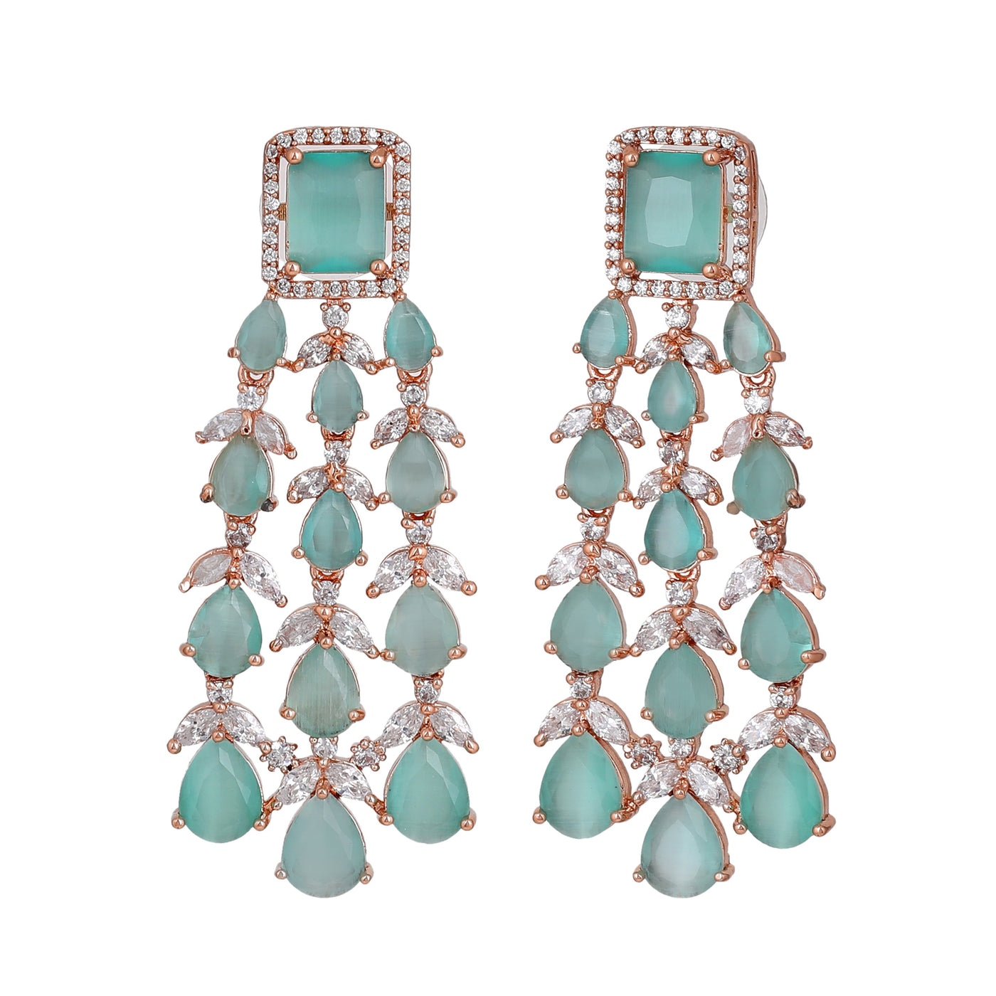 Estele Rose Gold Plated CZ Ravishing Earrings with Mint Green Stones for Women