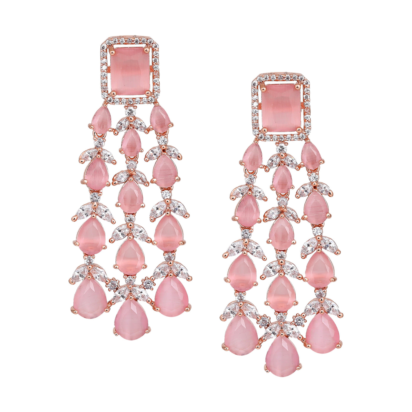 Estele Rose Gold Plated CZ Ravishing Earrings with Mint Pink Stones for Women