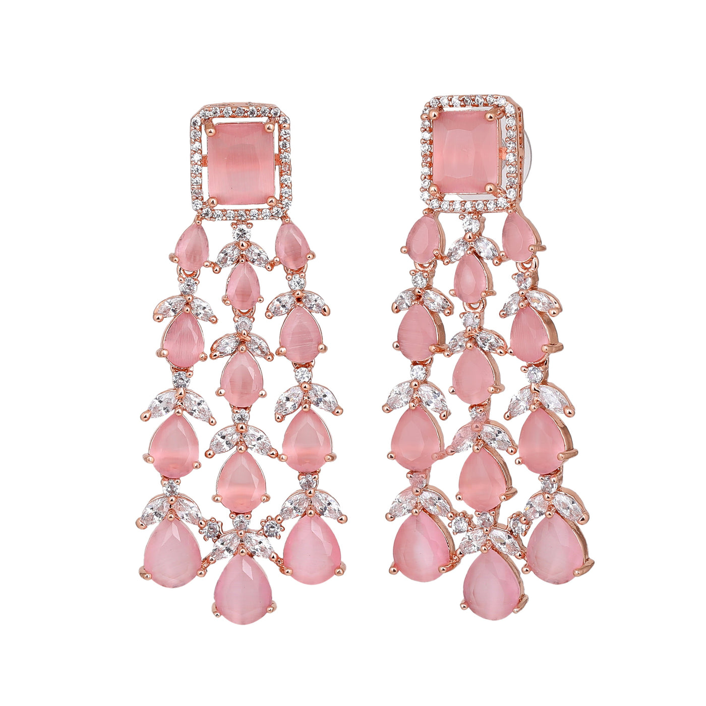 Estele Rose Gold Plated CZ Ravishing Earrings with Mint Pink Stones for Women