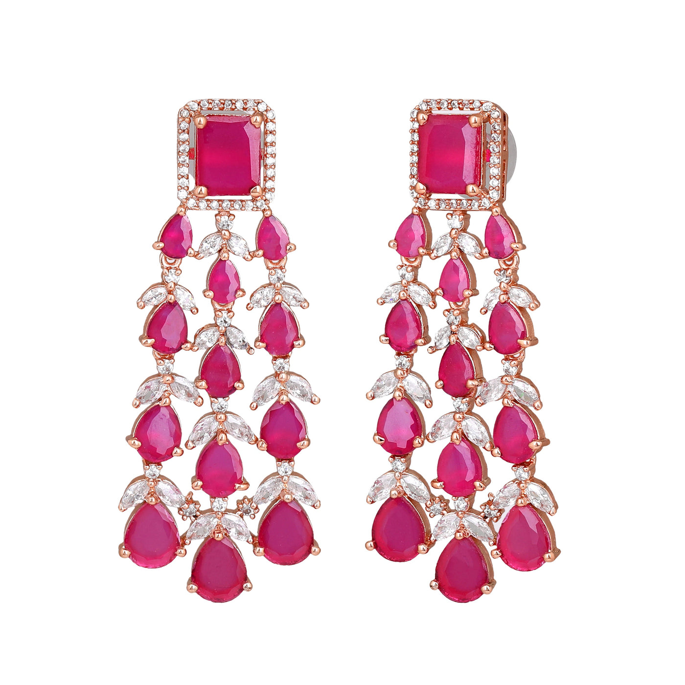 Estele Rose Gold Plated CZ Ravishing Earrings with Ruby Stones for Women