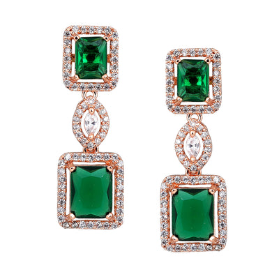 Estele Rose Gold Plated CZ Shimmering Square Designer Necklace Set with Green Stones for Women