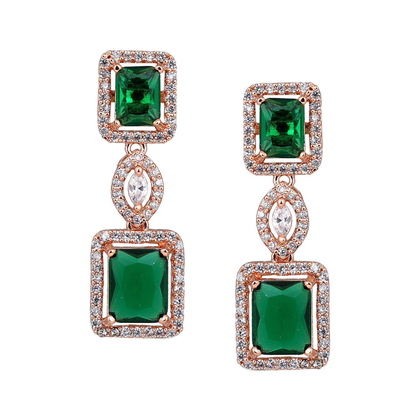 Estele Rose Gold Plated CZ Shimmering Square Designer Earrings with Green Stones for Women