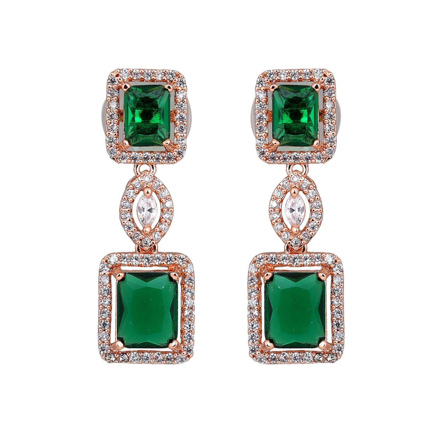 Estele Rose Gold Plated CZ Shimmering Square Designer Earrings with Green Stones for Women