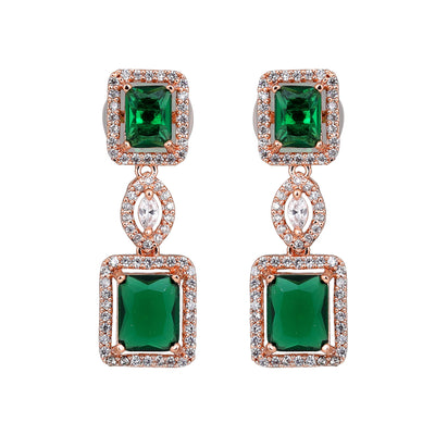 Estele Rose Gold Plated CZ Shimmering Square Designer Earrings with Green Stones for Women