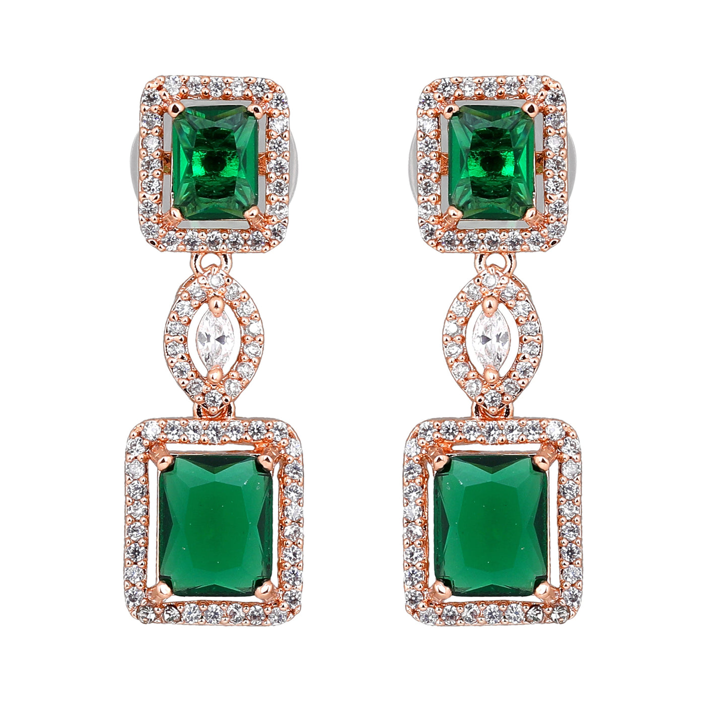 Estele Rose Gold Plated CZ Shimmering Square Designer Necklace Set with Green Stones for Women