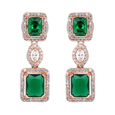 Estele Rose Gold Plated CZ Shimmering Square Designer Necklace Set with Green Stones for Women