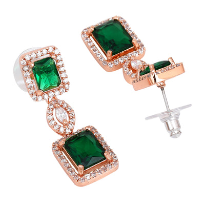 Estele Rose Gold Plated CZ Shimmering Square Designer Necklace Set with Green Stones for Women