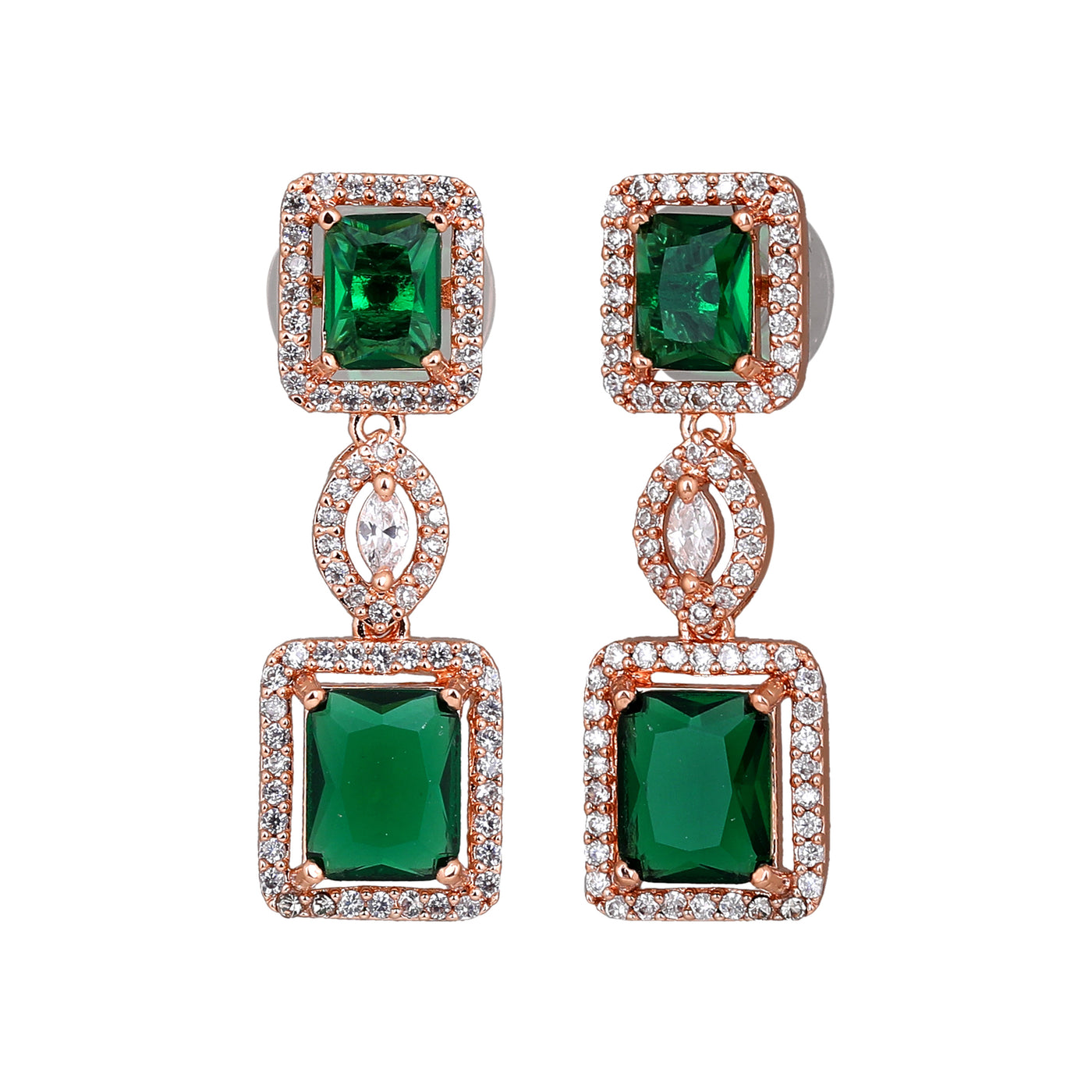 Estele Rose Gold Plated CZ Shimmering Square Designer Earrings with Green Stones for Women