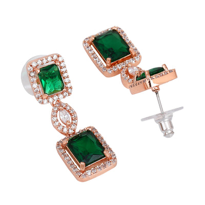 Estele Rose Gold Plated CZ Shimmering Square Designer Earrings with Green Stones for Women