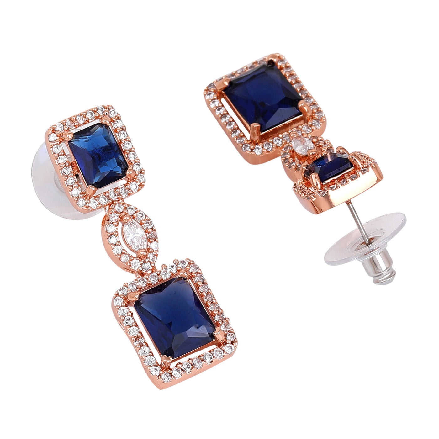 Estele Rose Gold Plated CZ Shimmering Square Designer Necklace Set with Blue Stones for Women