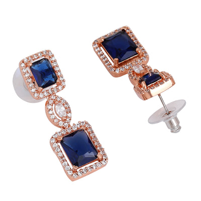 Estele Rose Gold Plated CZ Shimmering Square Designer Earrings with Blue Stones for Women