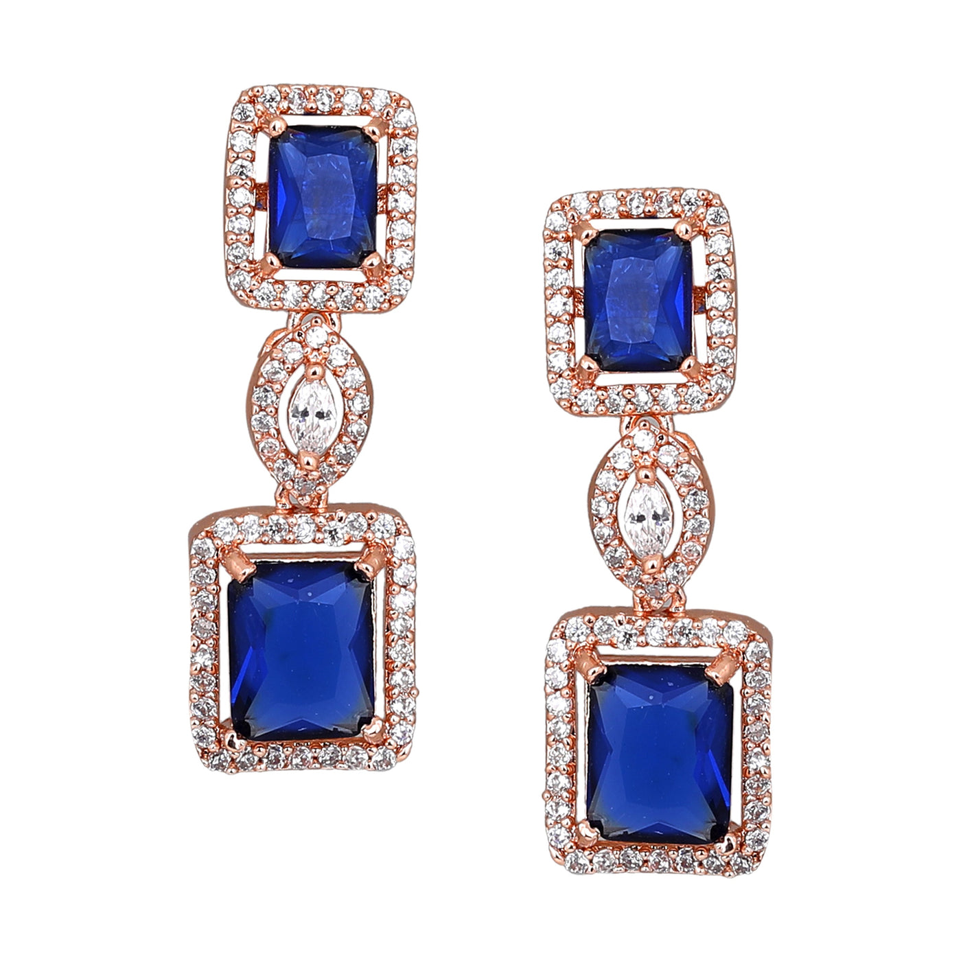 Estele Rose Gold Plated CZ Shimmering Square Designer Necklace Set with Blue Stones for Women