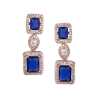 Estele Rose Gold Plated CZ Shimmering Square Designer Earrings with Blue Stones for Women