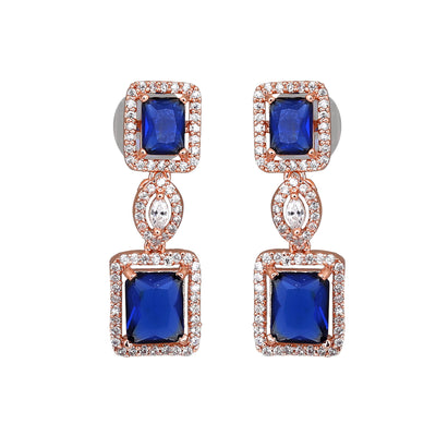 Estele Rose Gold Plated CZ Shimmering Square Designer Earrings with Blue Stones for Women