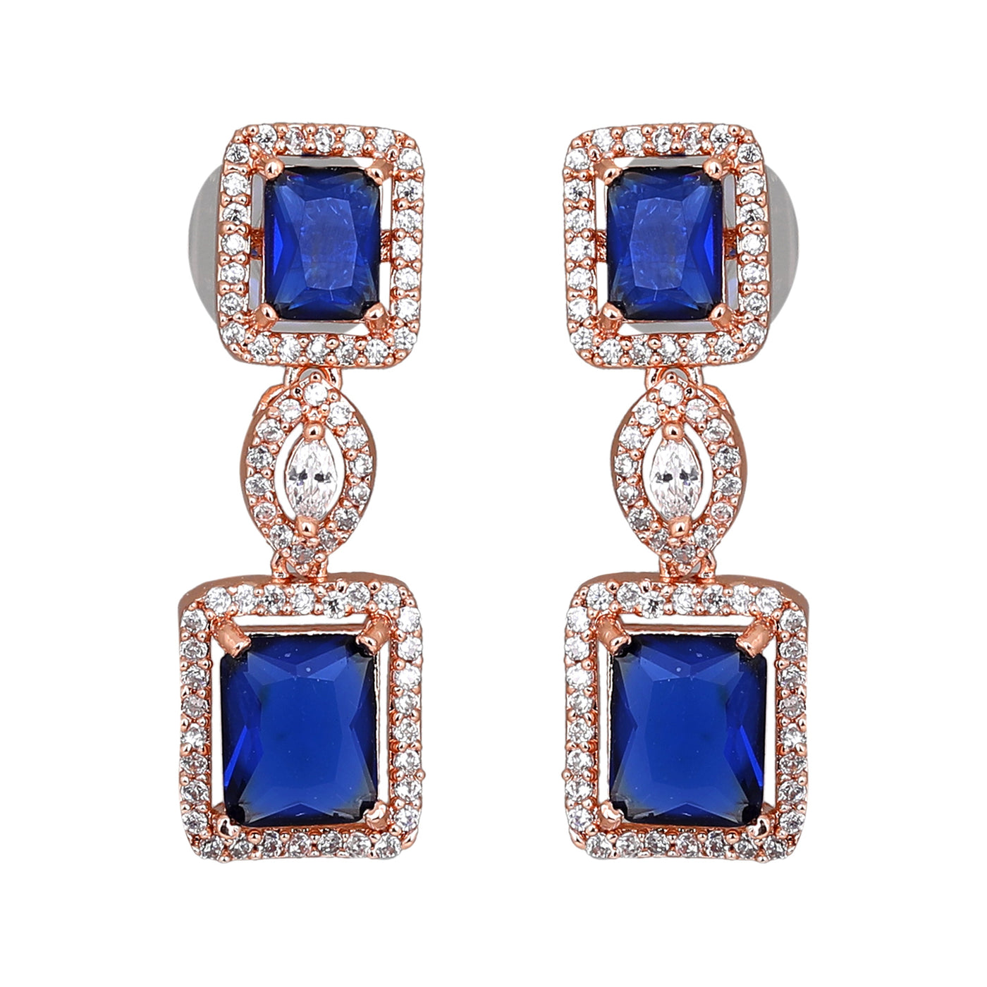 Estele Rose Gold Plated CZ Shimmering Square Designer Necklace Set with Blue Stones for Women