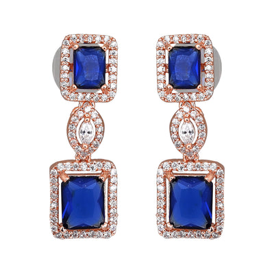 Estele Rose Gold Plated CZ Shimmering Square Designer Necklace Set with Blue Stones for Women