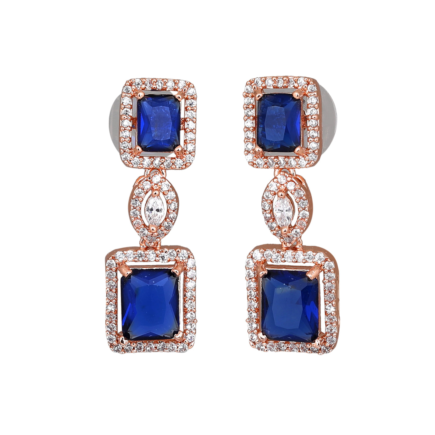 Estele Rose Gold Plated CZ Shimmering Square Designer Earrings with Blue Stones for Women