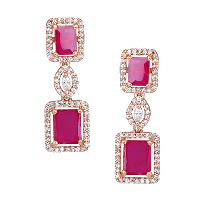 Estele Rose Gold Plated CZ Shimmering Square Designer Necklace Set with Ruby Stones for Women