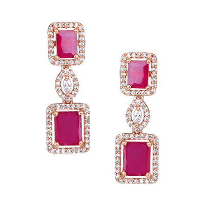 Estele Rose Gold Plated CZ Shimmering Square Designer Earrings with Ruby Stones for Women