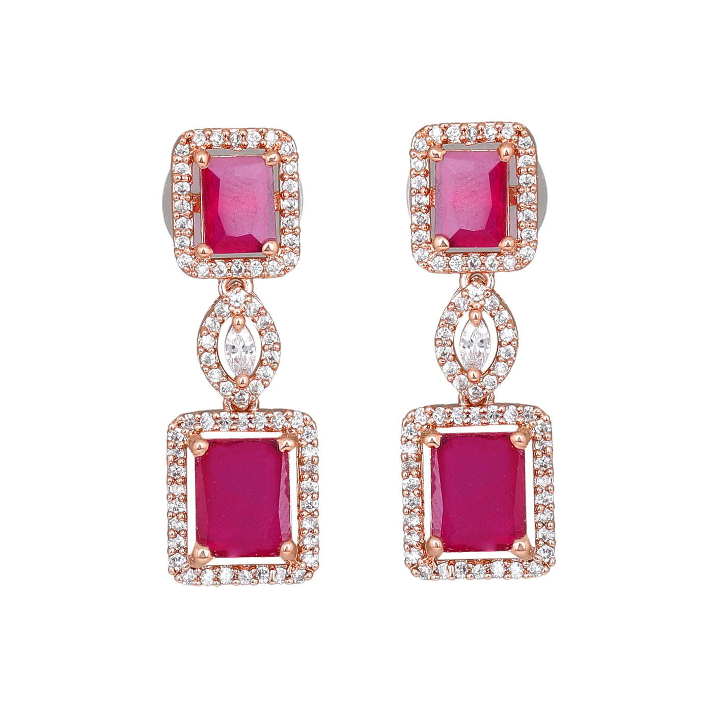 Estele Rose Gold Plated CZ Shimmering Square Designer Earrings with Ruby Stones for Women