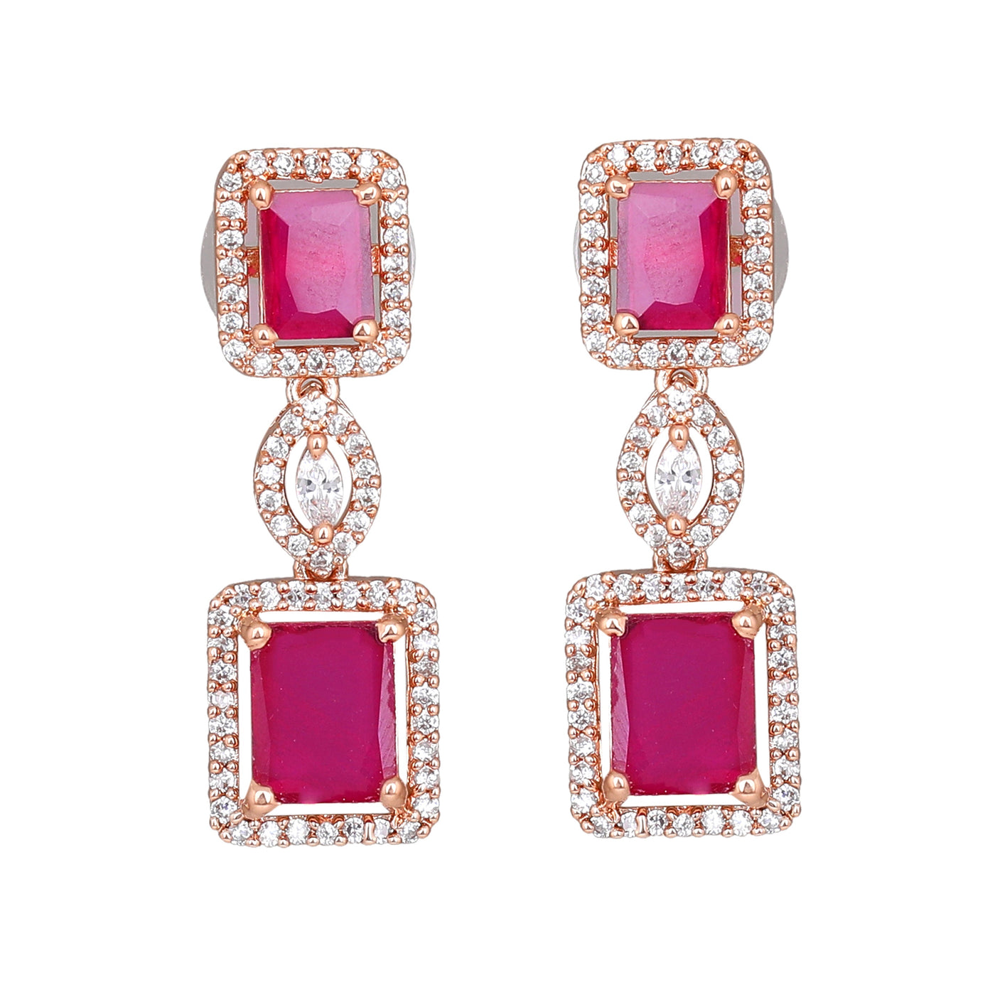 Estele Rose Gold Plated CZ Shimmering Square Designer Necklace Set with Ruby Stones for Women