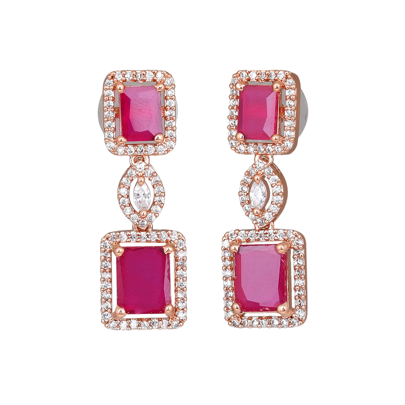 Estele Rose Gold Plated CZ Shimmering Square Designer Earrings with Ruby Stones for Women