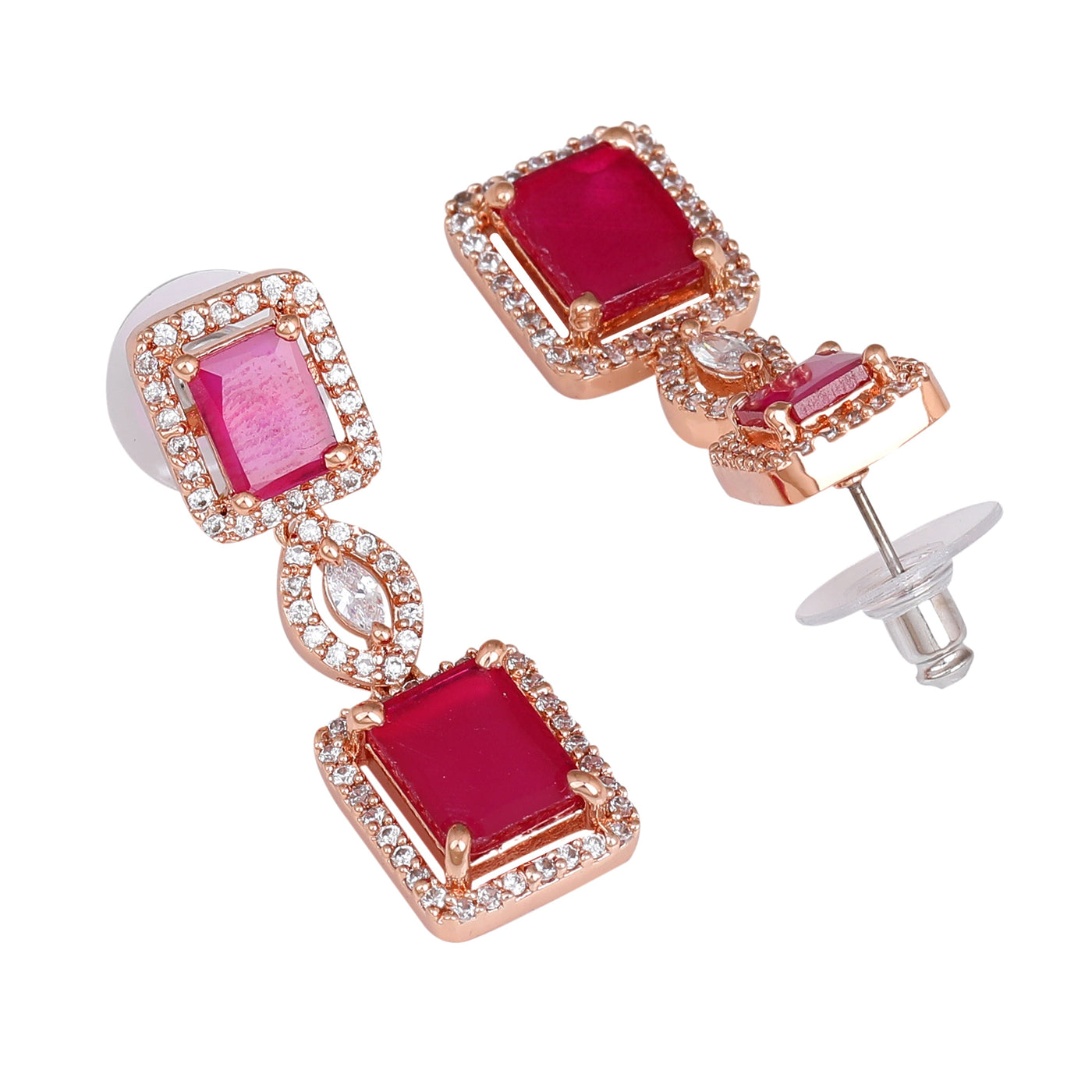 Estele Rose Gold Plated CZ Shimmering Square Designer Necklace Set with Ruby Stones for Women