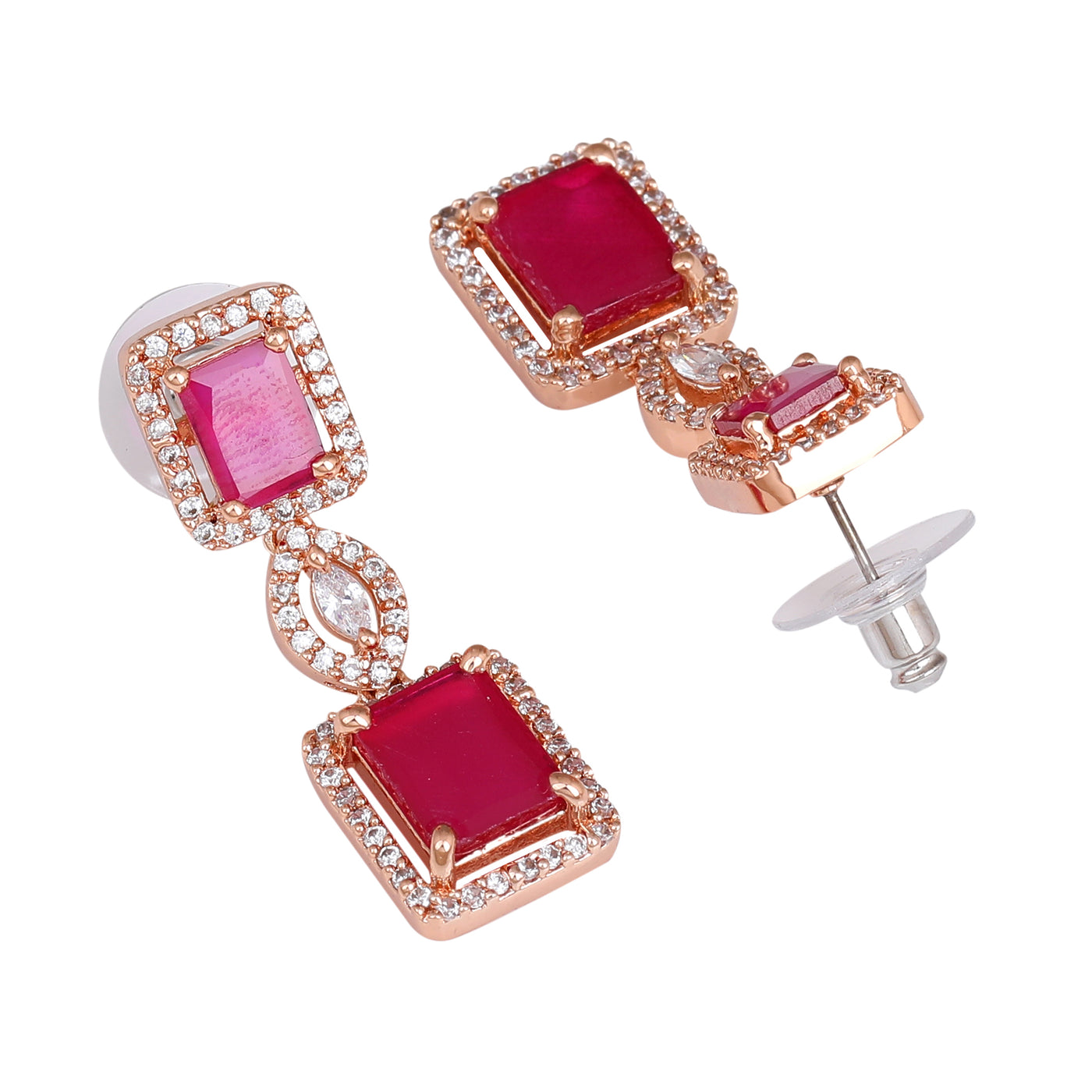 Estele Rose Gold Plated CZ Shimmering Square Designer Earrings with Ruby Stones for Women