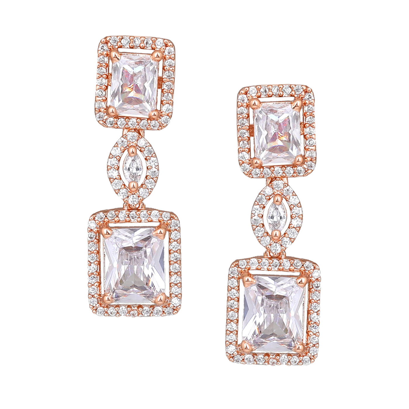 Estele Rose Gold Plated CZ Shimmering Square Designer Necklace Set with White Stones for Women