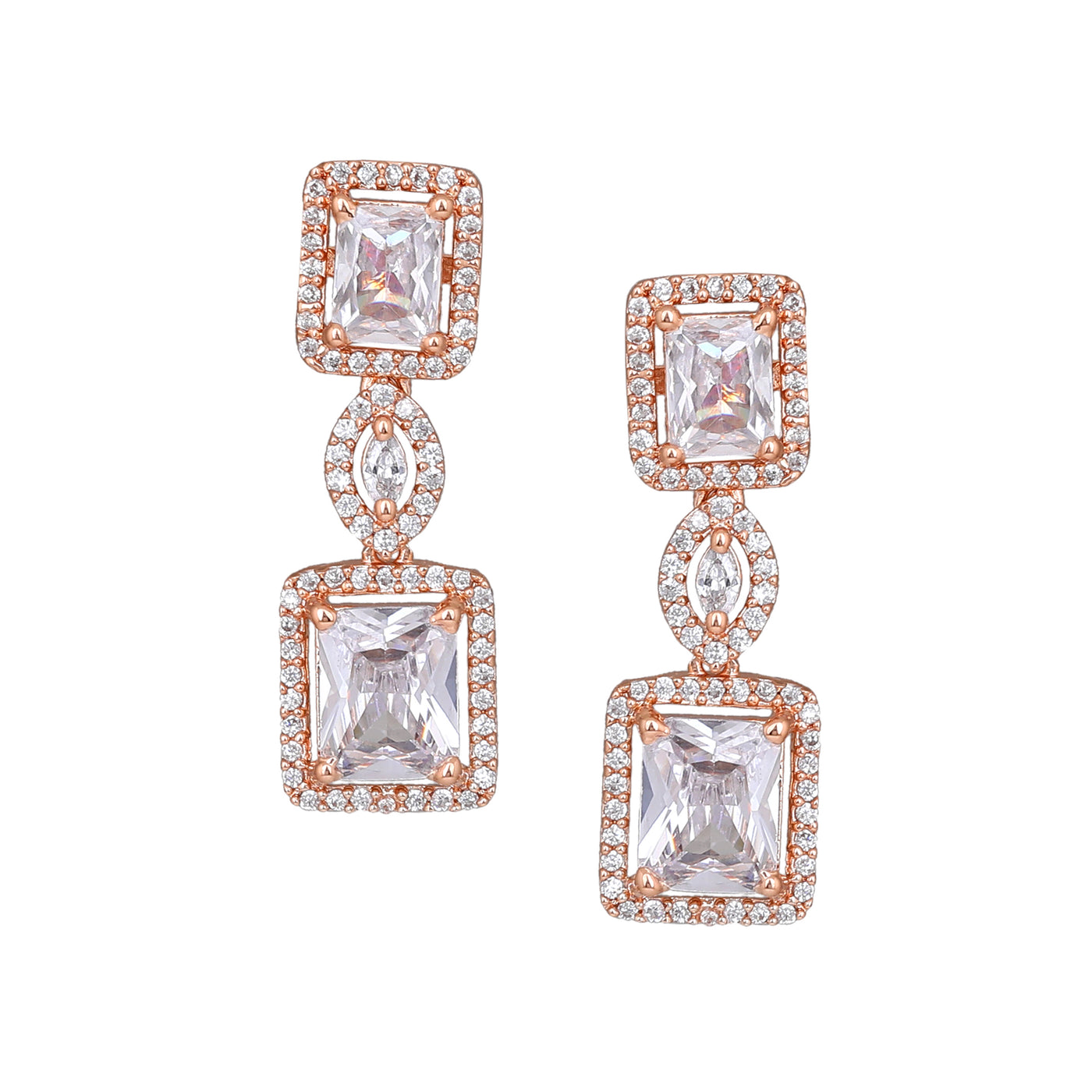 Estele Rose Gold Plated CZ Shimmering Square Designer Earrings with White Stones for Women