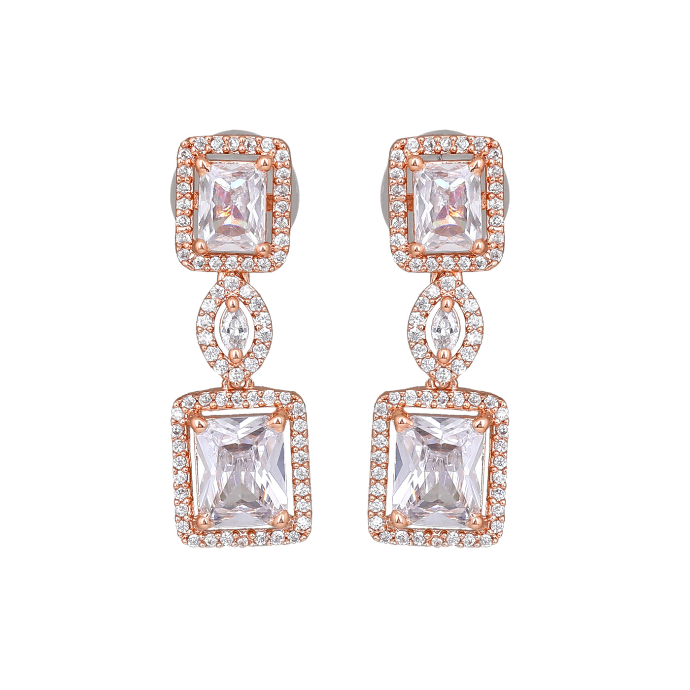 Estele Rose Gold Plated CZ Shimmering Square Designer Earrings with White Stones for Women