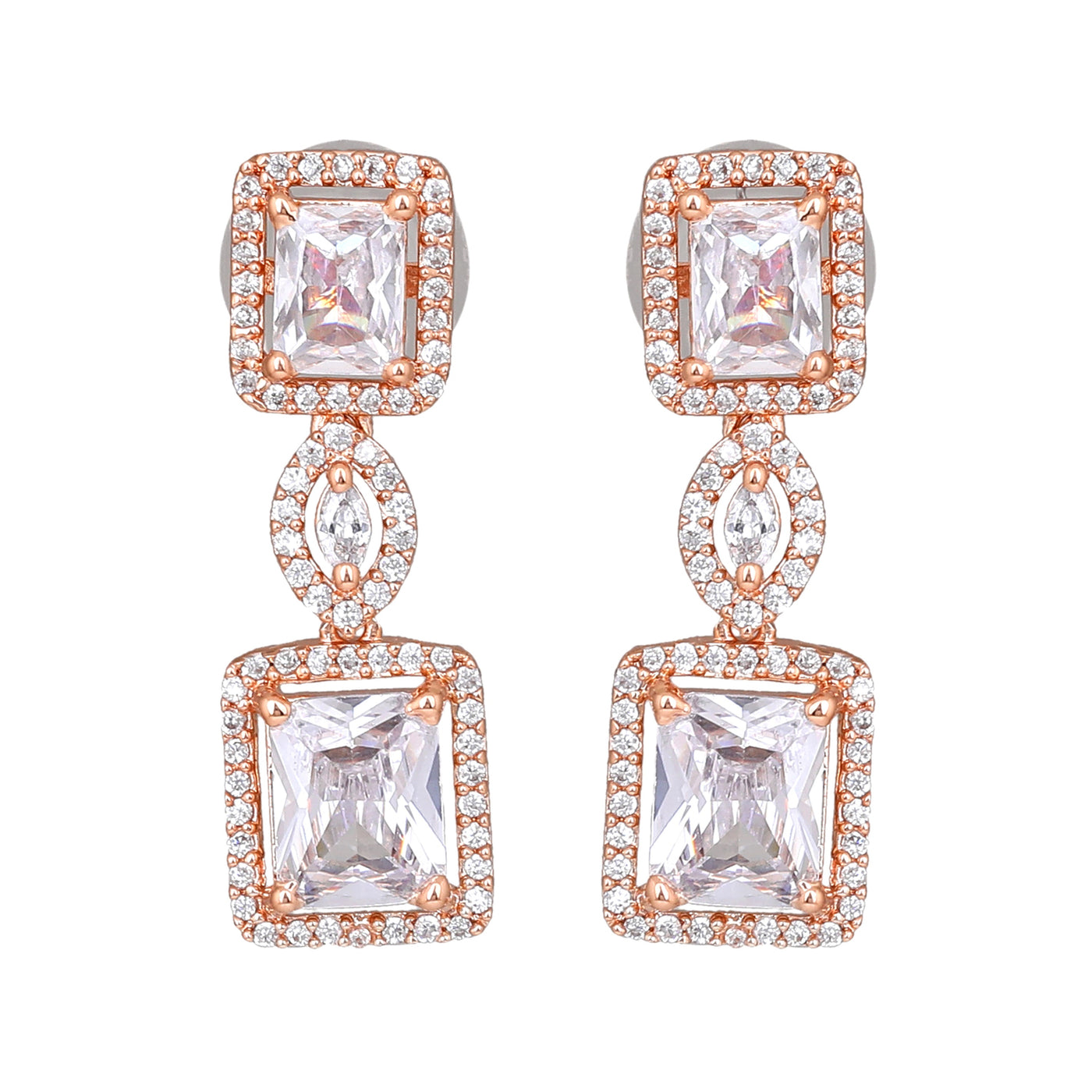 Estele Rose Gold Plated CZ Shimmering Square Designer Necklace Set with White Stones for Women