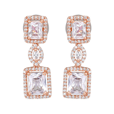 Estele Rose Gold Plated CZ Shimmering Square Designer Necklace Set with White Stones for Women