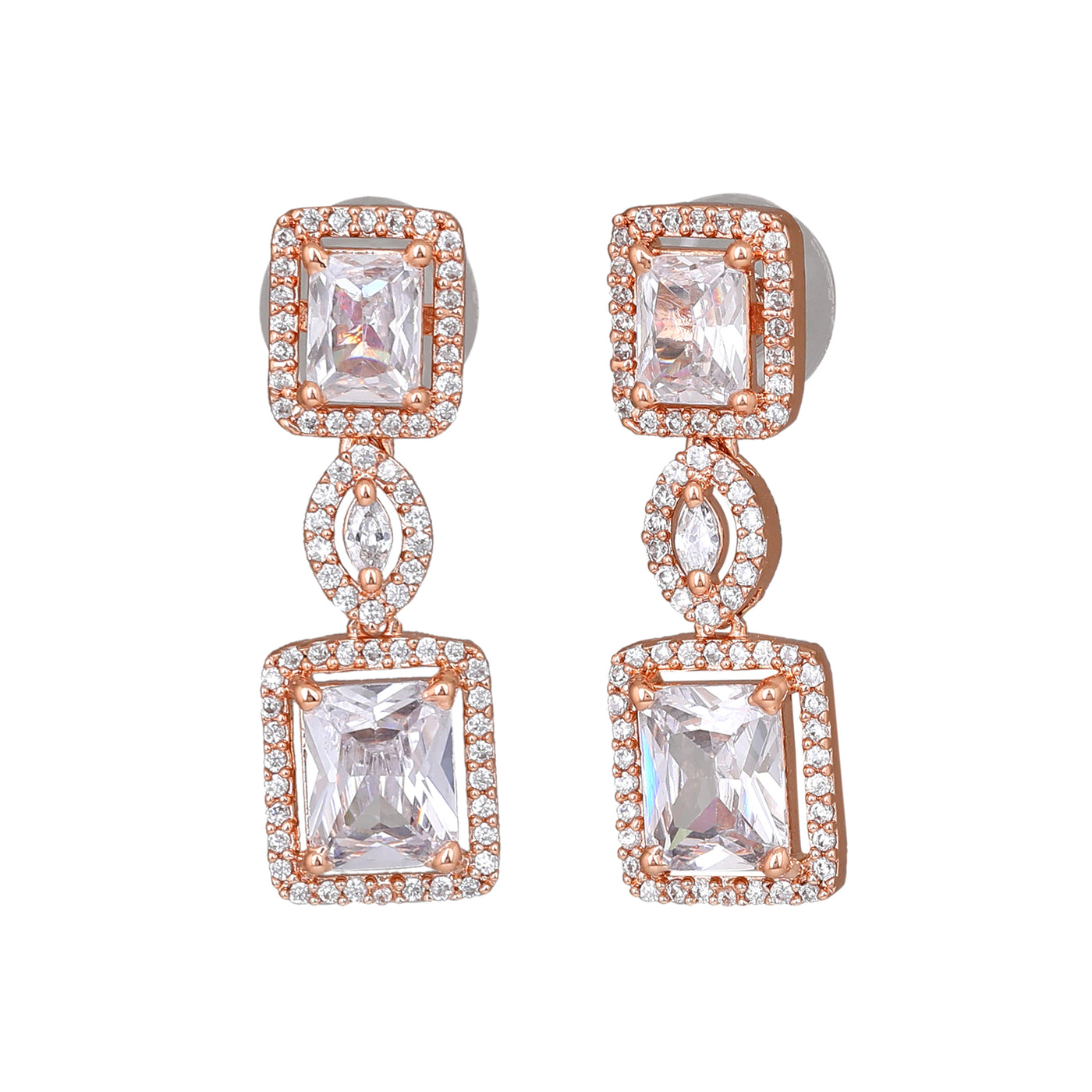 Estele Rose Gold Plated CZ Shimmering Square Designer Earrings with White Stones for Women