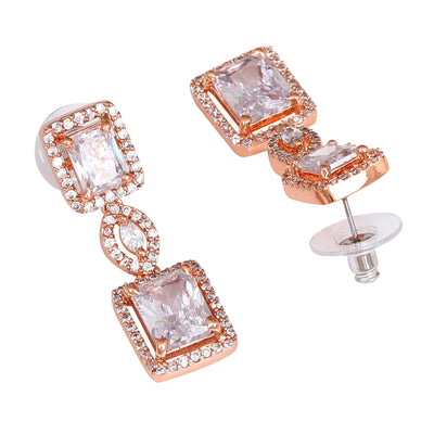 Estele Rose Gold Plated CZ Shimmering Square Designer Necklace Set with White Stones for Women