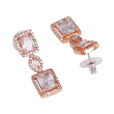 Estele Rose Gold Plated CZ Shimmering Square Designer Earrings with White Stones for Women