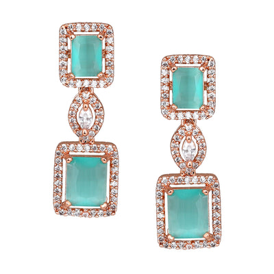 Estele Rose Gold Plated CZ Shimmering Square Designer Necklace Set with Mint Green Stones for Women