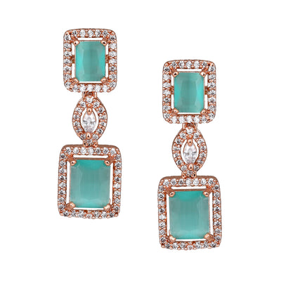 Estele Rose Gold Plated CZ Shimmering Square Designer Earrings with Mint Green Stones for Women