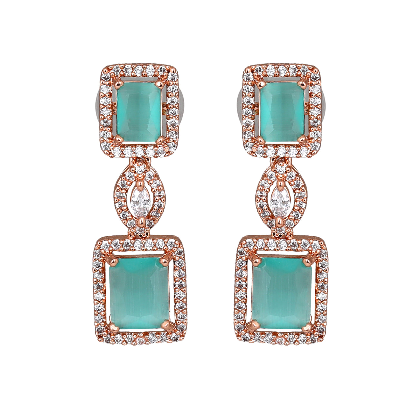 Estele Rose Gold Plated CZ Shimmering Square Designer Earrings with Mint Green Stones for Women