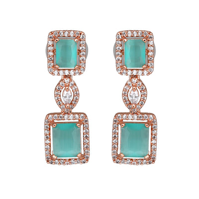 Estele Rose Gold Plated CZ Shimmering Square Designer Earrings with Mint Green Stones for Women