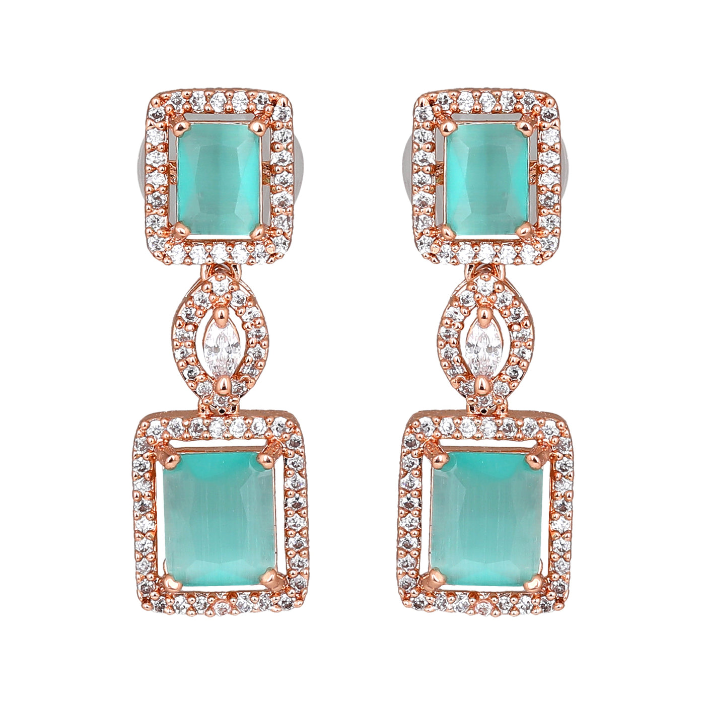 Estele Rose Gold Plated CZ Shimmering Square Designer Necklace Set with Mint Green Stones for Women