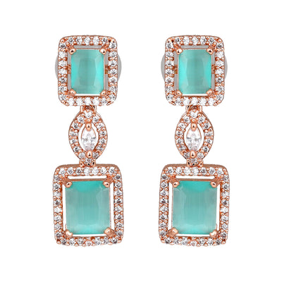 Estele Rose Gold Plated CZ Shimmering Square Designer Necklace Set with Mint Green Stones for Women