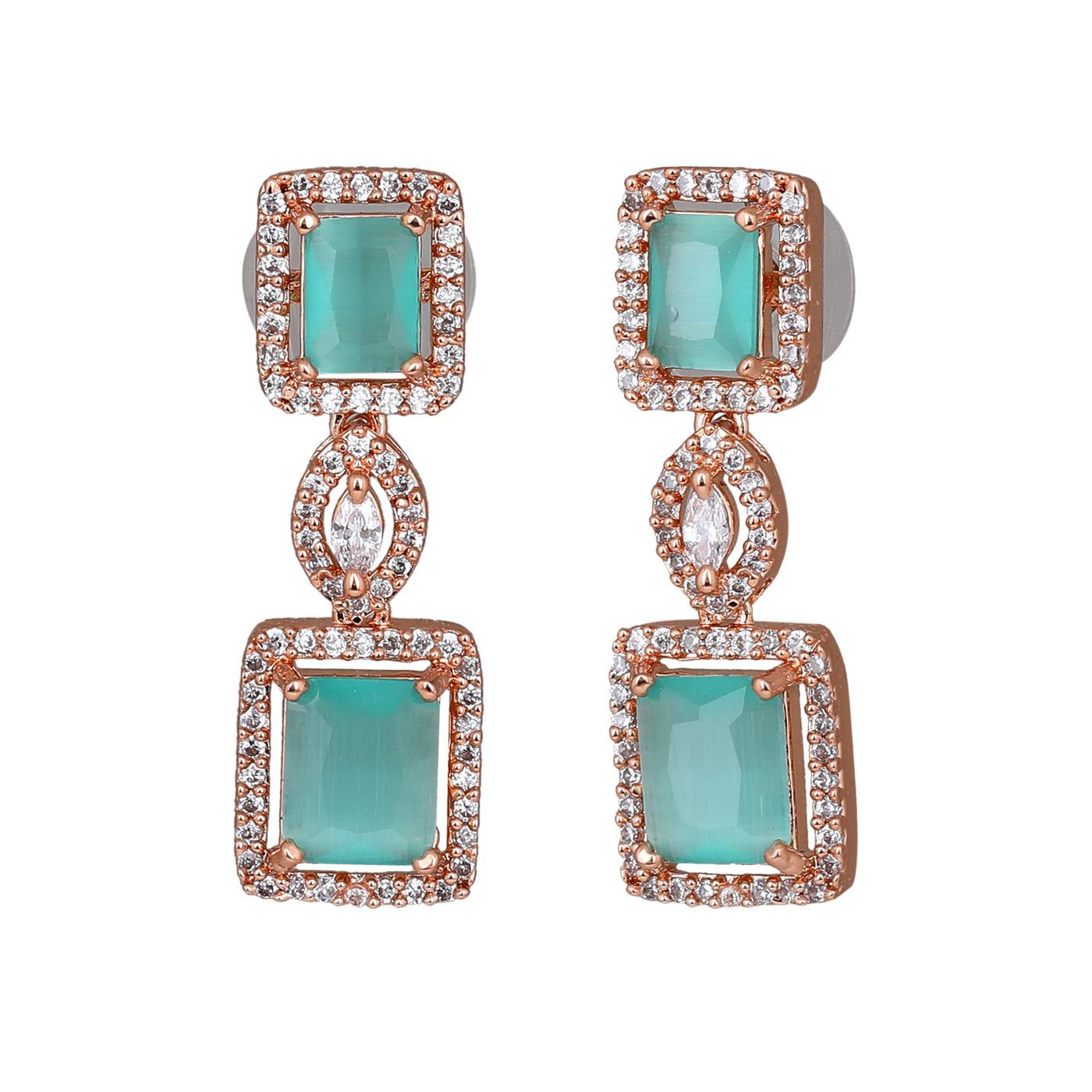 Estele Rose Gold Plated CZ Shimmering Square Designer Earrings with Mint Green Stones for Women