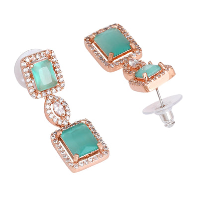 Estele Rose Gold Plated CZ Shimmering Square Designer Necklace Set with Mint Green Stones for Women