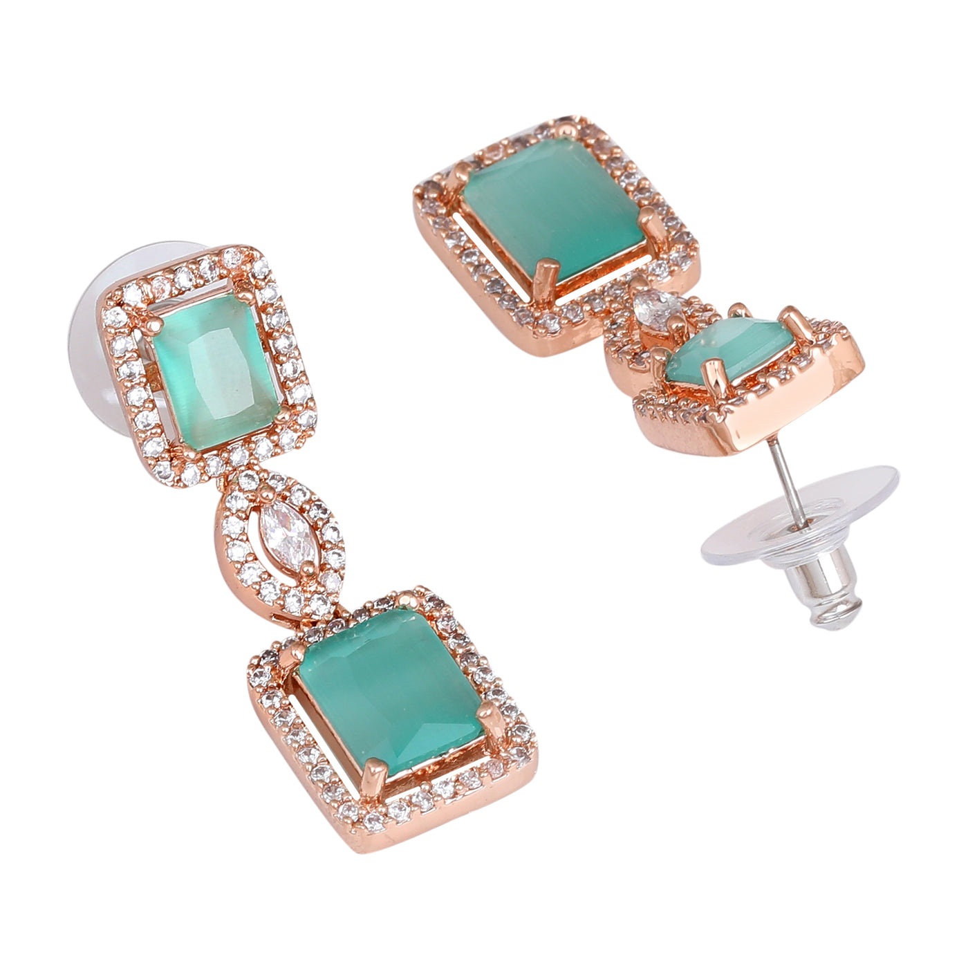 Estele Rose Gold Plated CZ Shimmering Square Designer Earrings with Mint Green Stones for Women